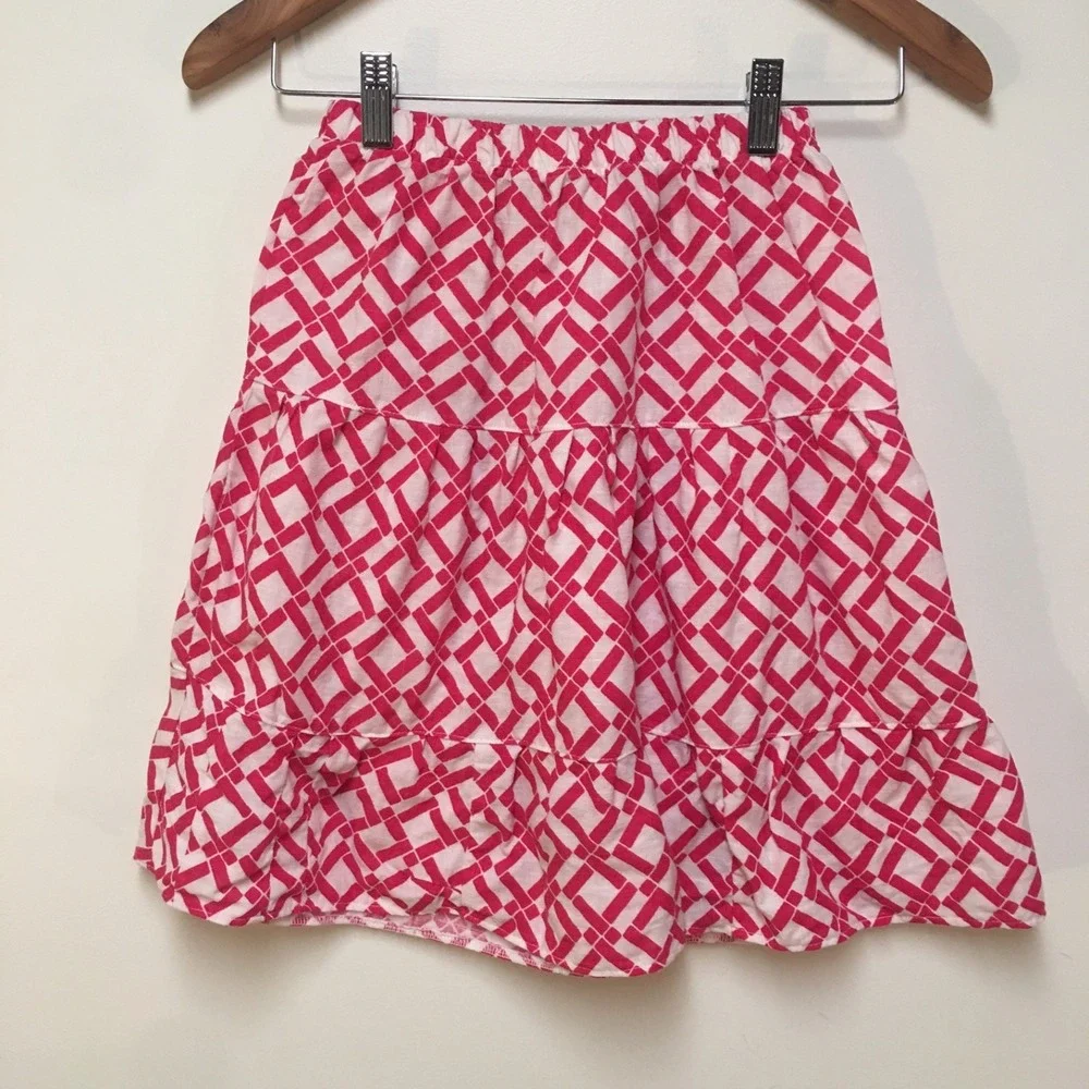 Skirt 100% Linen Girls 6 Midi Pink Geometric Ruffle Tiered Mom and Pop's Kids - Picture 4 of 9
